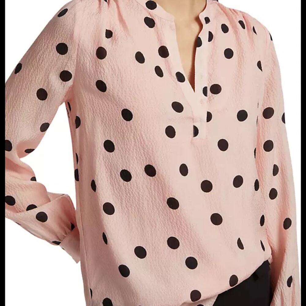 Elie Tahari 100% Silk Polkadot Pink Pastel Black Flowy Long Sleeve Blouse DD13